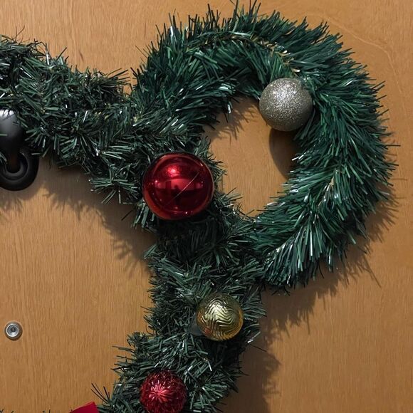 Mickey Mouse Shaped Holiday Door Wreath with/Red Glittering Bows and Ornaments - Picture 8 of 10